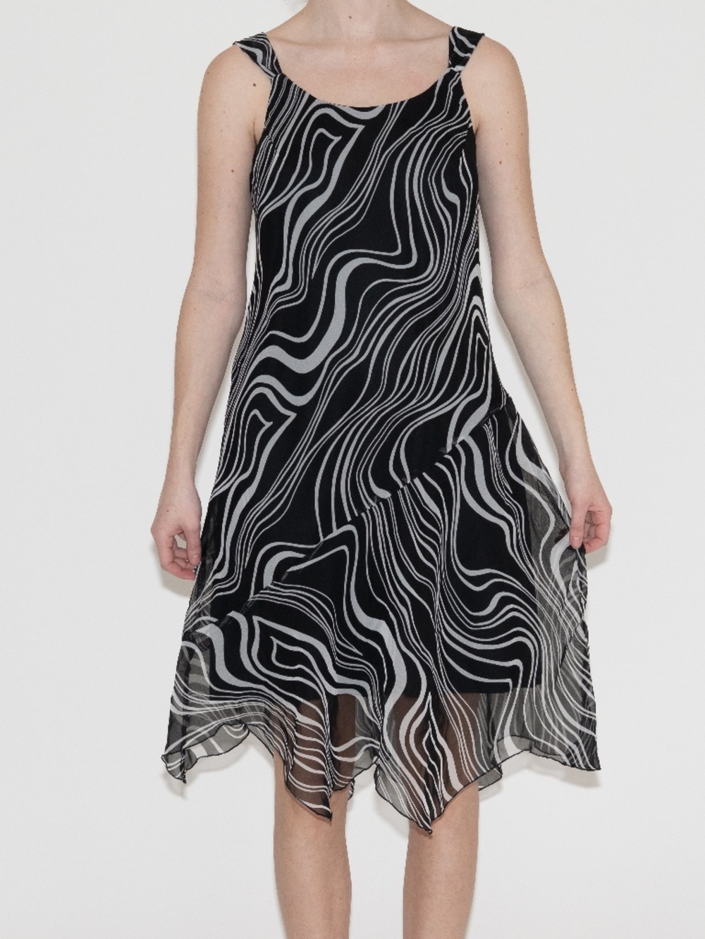 Vintage black patterned midi dress formal asymmetrical ombre size 13/14